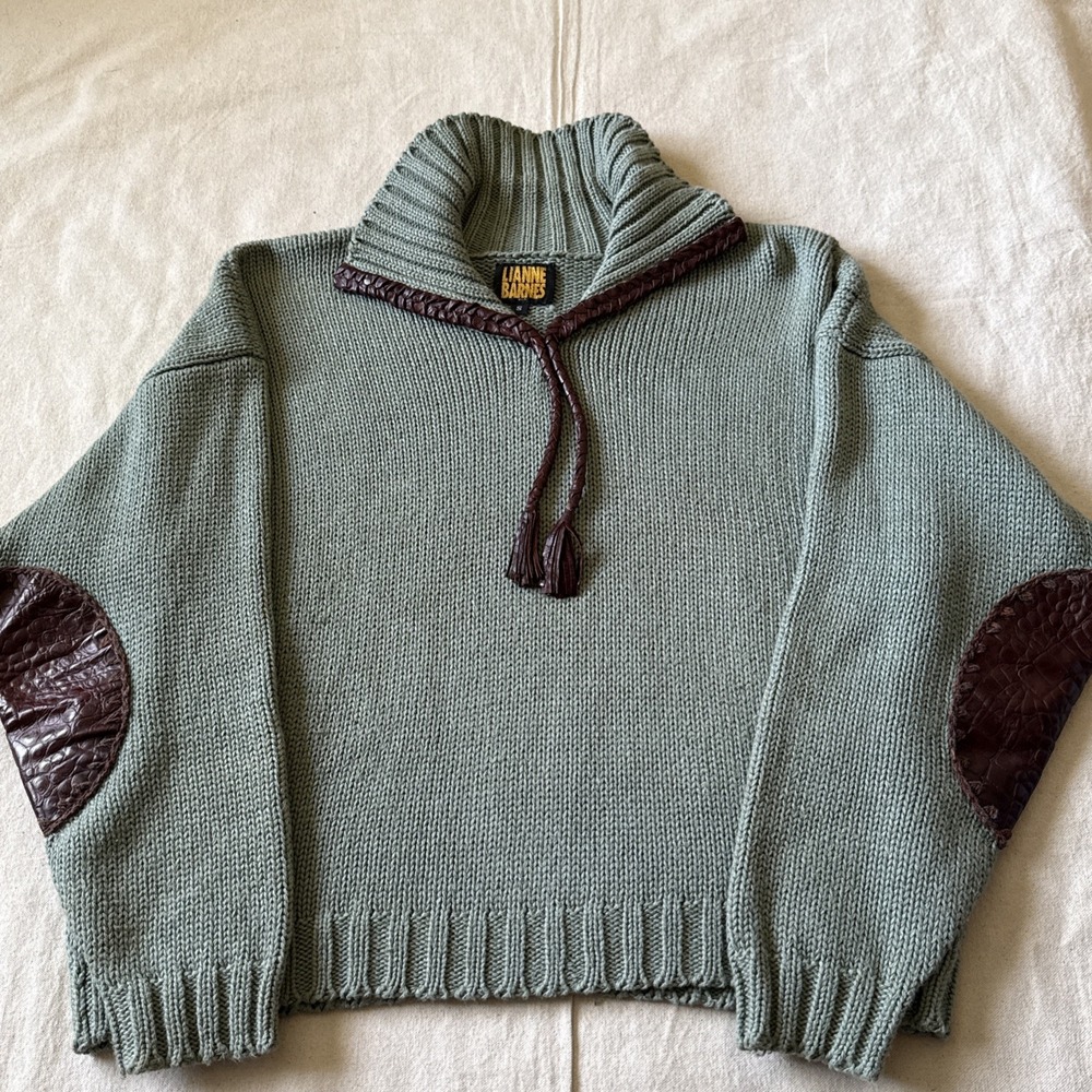 Lianne Barnes Womens Sweater Sz Sm Green Leather Details Elbow Pads 100% Cotton